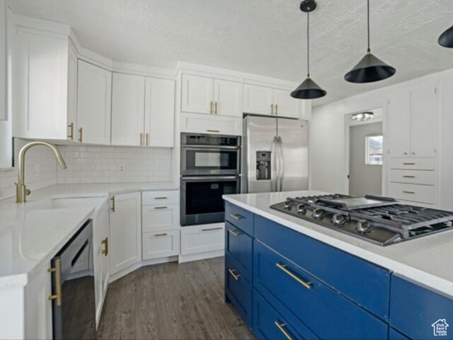 481 E Laurelwood Dr S, Kaysville, UT 84037 - kitchen with white cabinets, stainless steel appliances, dark wood finished floors, a sink, and blue cabinets