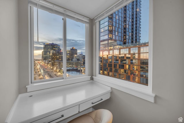interior space with a city view