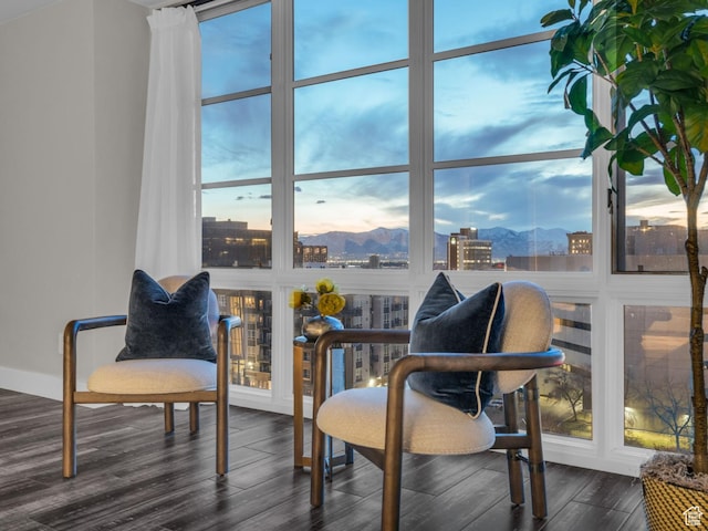 living area with expansive windows, a mountain view, dark wood-type flooring, and a city view