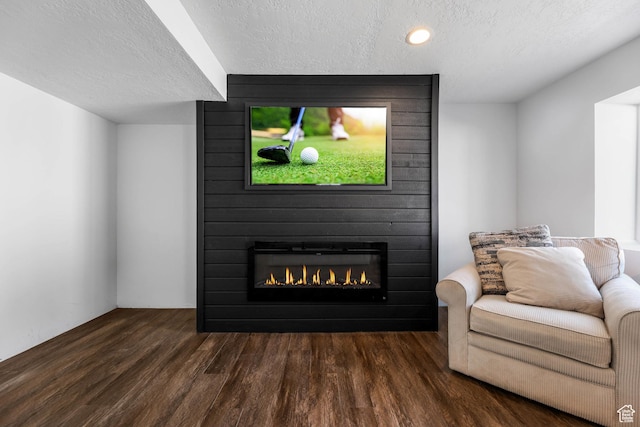 1879 N 925 E, North Ogden, UT 84414 - living room featuring a textured ceiling, a large fireplace, dark wood-type flooring, and recessed lighting
