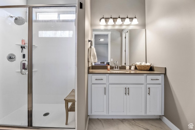 1879 N 925 E, North Ogden, UT 84414 - bathroom with a shower stall, baseboards, marble look tile flooring, and vanity