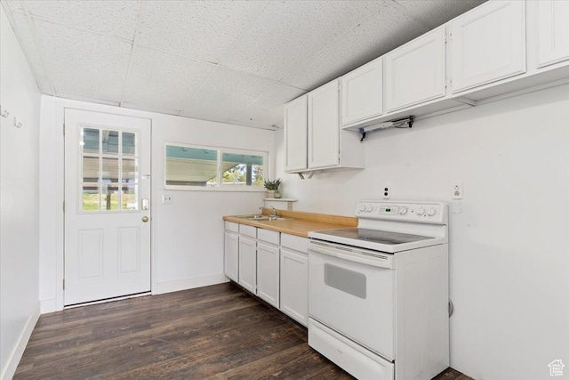405 W 5100 S, Washington Terrace, UT 84405 - kitchen featuring a sink, baseboards, white cabinets, white electric range, and dark wood-style flooring