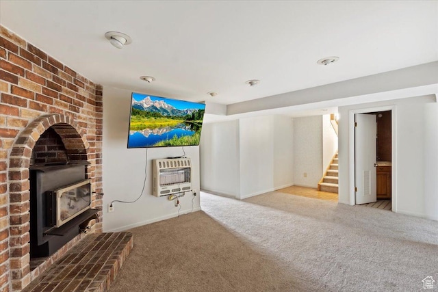 445 W 5100 S, Washington Terrace, UT 84405 - unfurnished living room featuring heating unit, stairs, carpet, baseboards, and a wood stove