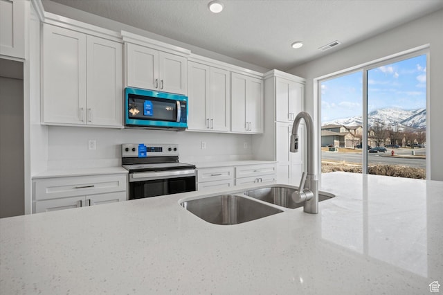 635 S 85 E Unit 26, Smithfield, UT 84335 - kitchen with visible vents, light stone counters, stainless steel appliances, white cabinetry, and a sink