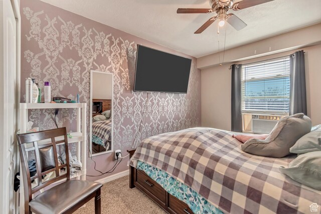 1114 Alexander Ct, Grantsville, UT 84029 - bedroom with cooling unit, light carpet, a ceiling fan, baseboards, and wallpapered walls
