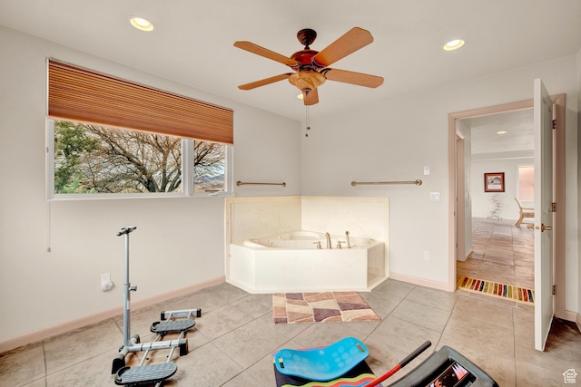 1657 N Kayenta Dr, Ivins, UT 84738 - bathroom featuring a garden tub, tile patterned floors, ceiling fan, baseboards, and recessed lighting