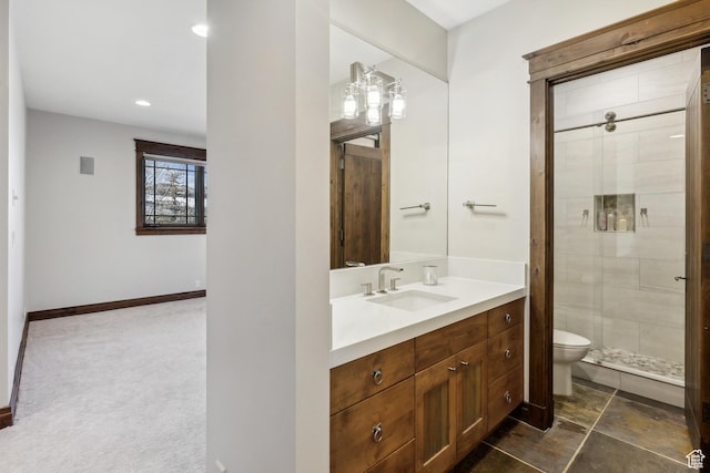 9255 Par Ct, Park City, UT 84098 - bathroom featuring baseboards, toilet, recessed lighting, a stall shower, and vanity