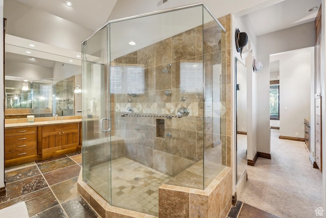 9255 Par Ct, Park City, UT 84098 - full bathroom with recessed lighting, baseboards, vanity, and a shower stall