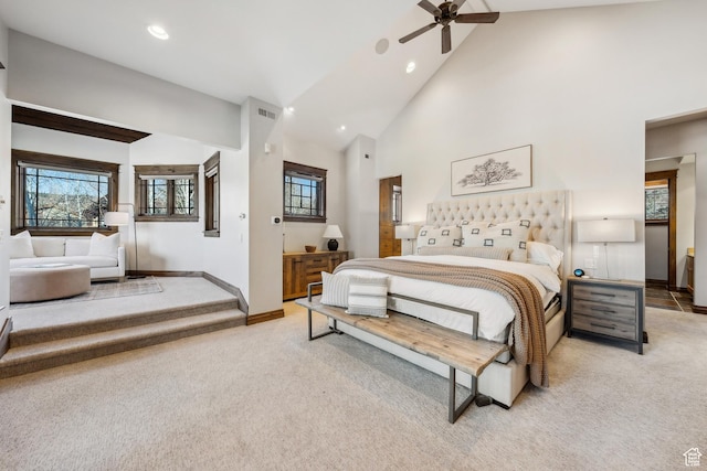 9255 Par Ct, Park City, UT 84098 - bedroom featuring recessed lighting, baseboards, light carpet, and high vaulted ceiling