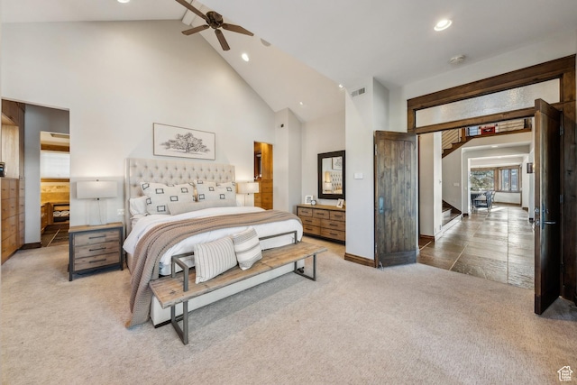 9255 Par Ct, Park City, UT 84098 - bedroom with visible vents, high vaulted ceiling, recessed lighting, carpet, and baseboards
