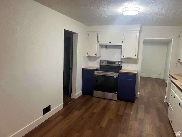 735 Castle Gate Rd, Helper, UT 84526 - kitchen featuring blue cabinets, electric range, white cabinets, tasteful backsplash, and dark wood finished floors
