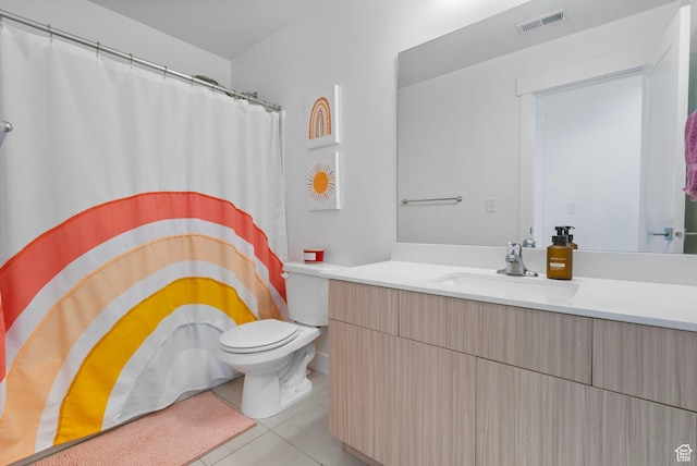 134 N Eden Brook Way, Saratoga Springs, UT 84045 - bathroom featuring visible vents, a shower with shower curtain, toilet, tile patterned floors, and vanity