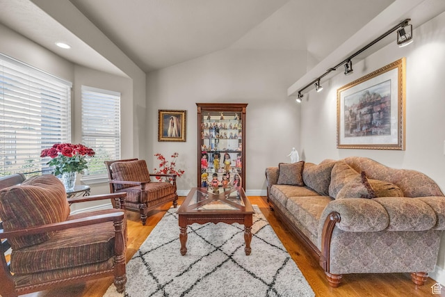 990 W Adams Cir, Bluffdale, UT 84065 - living area featuring recessed lighting, vaulted ceiling, baseboards, and wood finished floors