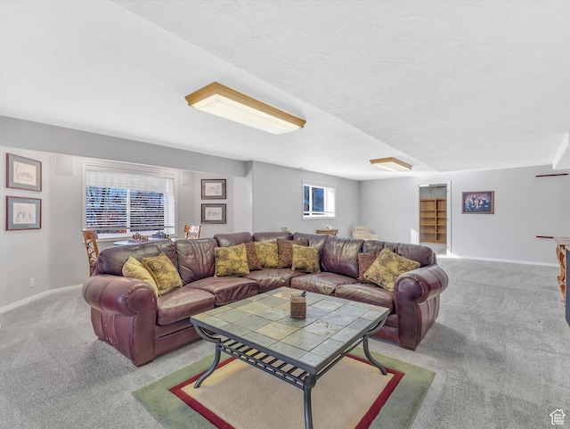 living room featuring baseboards, a textured ceiling, and light colored carpet