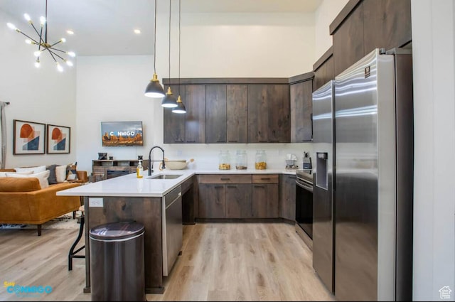 kitchen with dark brown cabinetry, open floor plan, a peninsula, stainless steel appliances, and a sink