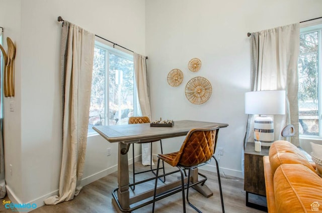 dining space featuring a healthy amount of sunlight, baseboards, and wood finished floors