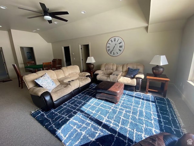 3435 Big Piney Dr, Eden, UT 84310 - carpeted living room featuring vaulted ceiling, a ceiling fan, and recessed lighting
