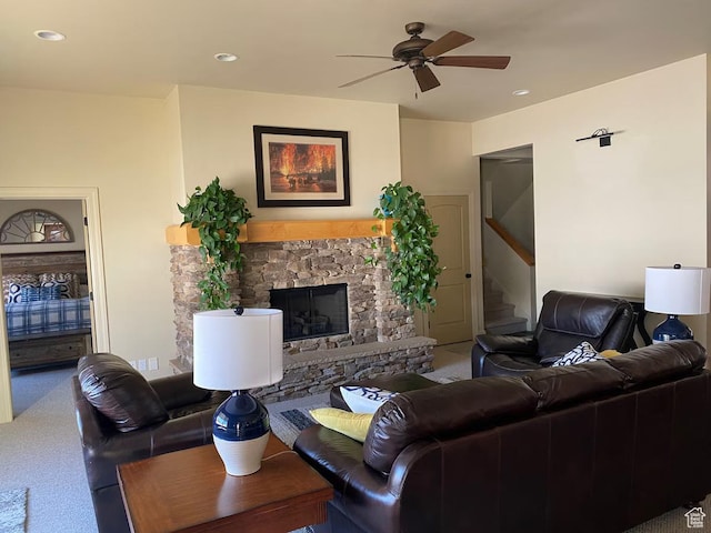 3435 Big Piney Dr, Eden, UT 84310 - living area with stairway, recessed lighting, ceiling fan, and a stone fireplace