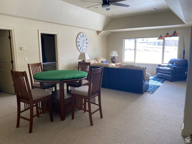 3435 Big Piney Dr, Eden, UT 84310 - dining area with lofted ceiling, a ceiling fan, and light colored carpet