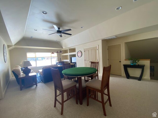 3435 Big Piney Dr, Eden, UT 84310 - dining space featuring carpet floors, ceiling fan, recessed lighting, and lofted ceiling
