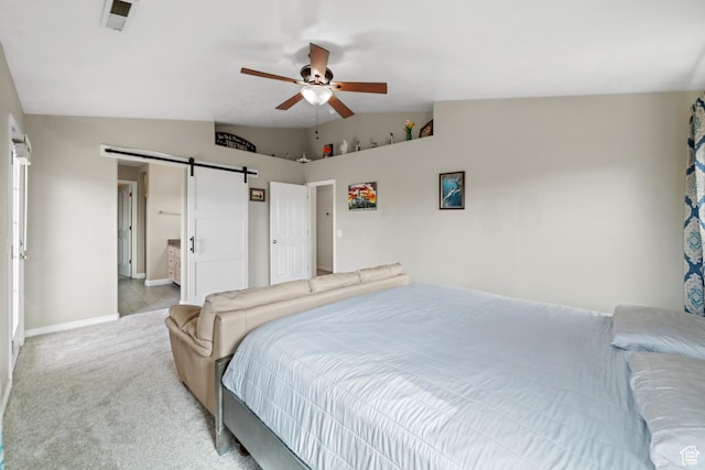 187 N Stone Mountain Dr, St George, UT 84770 - bedroom featuring a barn door, light colored carpet, vaulted ceiling, baseboards, and a ceiling fan