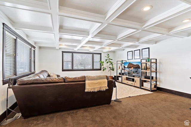 4884 E 2800 N, Eden, UT 84310 - living room with recessed lighting, coffered ceiling, carpet flooring, baseboards, and beam ceiling
