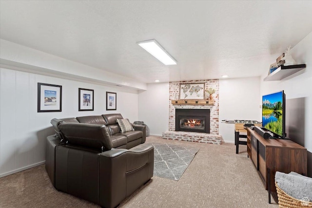 4884 E 2800 N, Eden, UT 84310 - carpeted living room featuring a brick fireplace, baseboards, and a textured ceiling