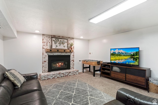 4884 E 2800 N, Eden, UT 84310 - living room featuring a textured ceiling, carpet, baseboards, and a brick fireplace