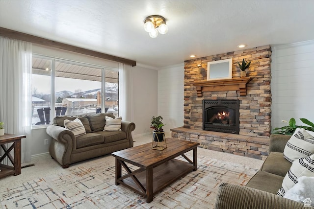 4884 E 2800 N, Eden, UT 84310 - living room with a fireplace, light colored carpet, and baseboards