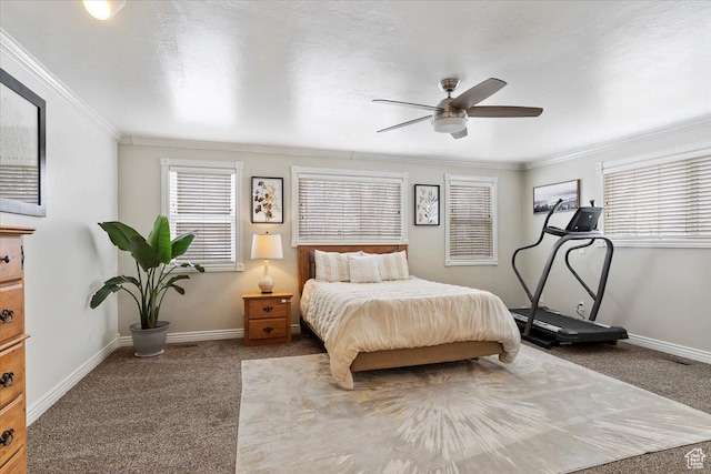 4884 E 2800 N, Eden, UT 84310 - carpeted bedroom with a textured ceiling, ceiling fan, ornamental molding, and baseboards