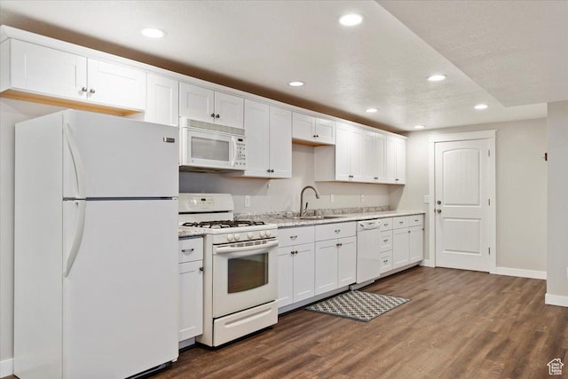 4884 E 2800 N, Eden, UT 84310 - kitchen featuring dark wood-style floors, white appliances, a sink, and white cabinets