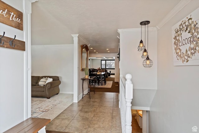4884 E 2800 N, Eden, UT 84310 - hallway with baseboards, crown molding, an upstairs landing, and tile patterned floors