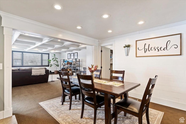 4884 E 2800 N, Eden, UT 84310 - carpeted dining room with recessed lighting, beam ceiling, coffered ceiling, and crown molding