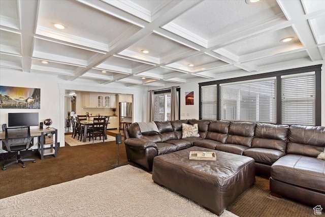 4884 E 2800 N, Eden, UT 84310 - living room with dark carpet, coffered ceiling, beam ceiling, and recessed lighting