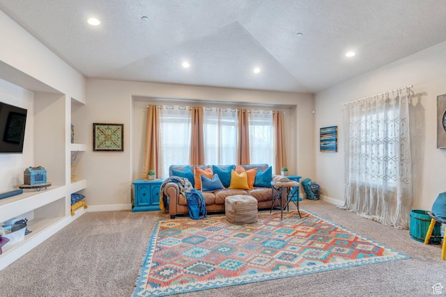 80 Pheasant, Elk Ridge, UT 84651 - living area with carpet flooring, vaulted ceiling, recessed lighting, baseboards, and a textured ceiling