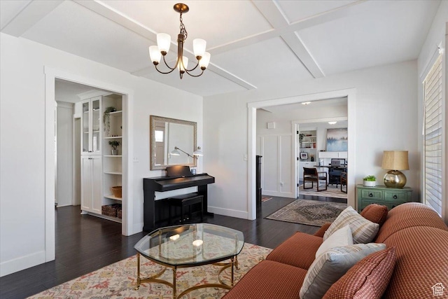 2588 S 1000 W, Nibley, UT 84321 - living room with a chandelier, dark wood-style floors, baseboards, built in shelves, and beamed ceiling