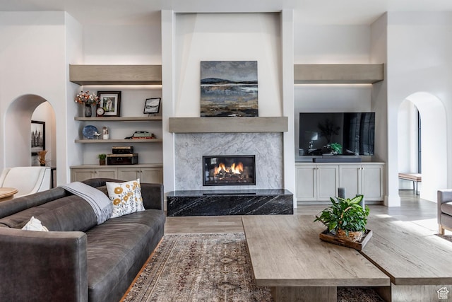 living area featuring built in shelves, a premium fireplace, arched walkways, and wood finished floors