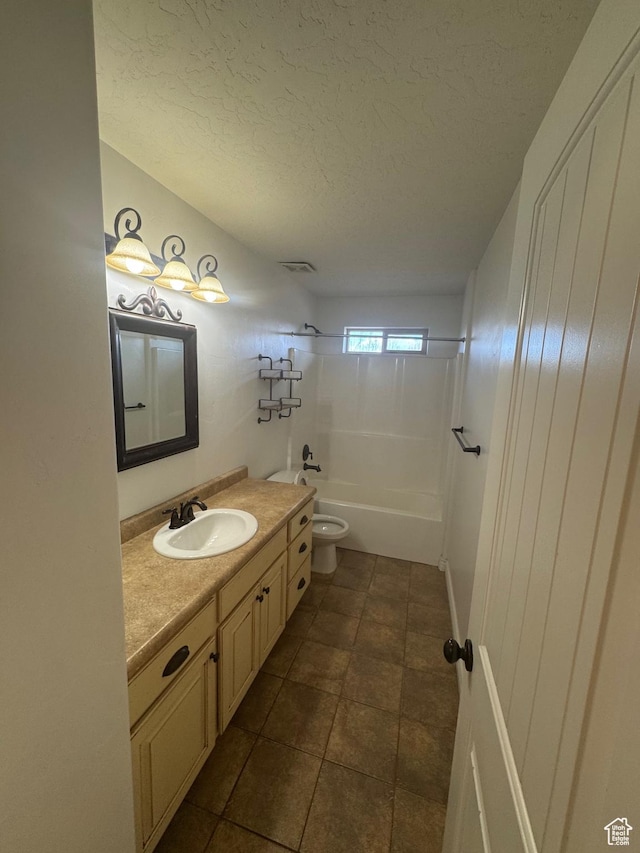 bathroom featuring a textured ceiling, toilet, shower / bath combination, vanity, and visible vents