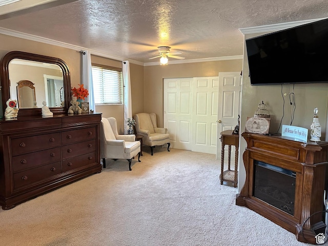371 S Willard Peak Rd S, Mantua, UT 84324 - sitting room with ceiling fan, light colored carpet, ornamental molding, and a textured ceiling