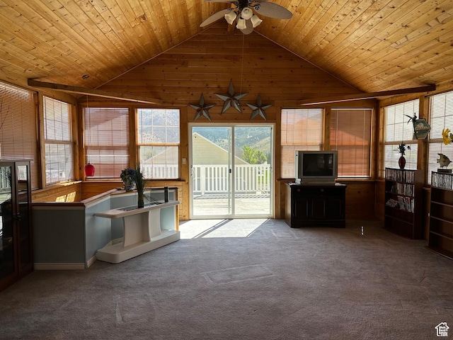 371 S Willard Peak Rd S, Mantua, UT 84324 - interior space with carpet, wood ceiling, and vaulted ceiling