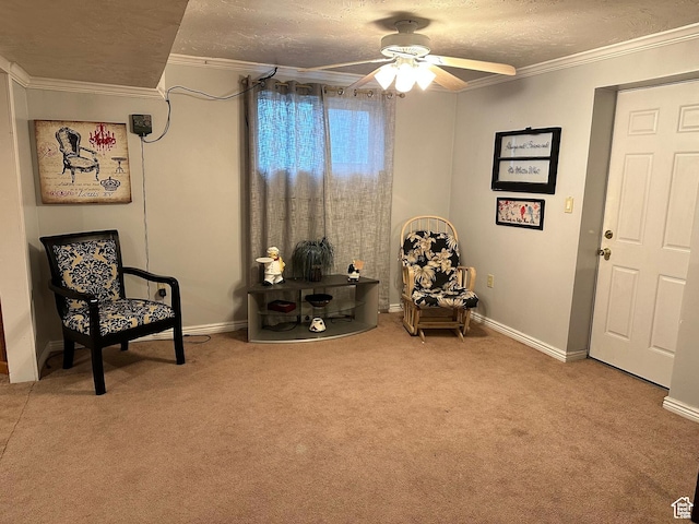 371 S Willard Peak Rd S, Mantua, UT 84324 - living area with carpet flooring, a textured ceiling, crown molding, and a ceiling fan