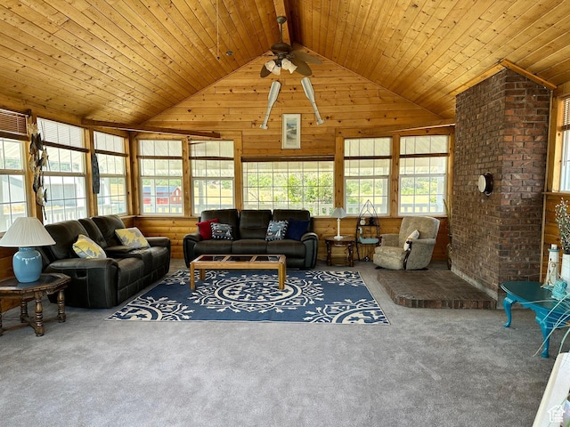 371 S Willard Peak Rd S, Mantua, UT 84324 - living area featuring lofted ceiling, carpet, wooden ceiling, and ceiling fan