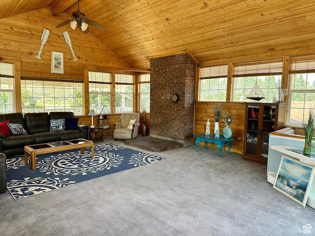 371 S Willard Peak Rd S, Mantua, UT 84324 - living room with wood ceiling, a healthy amount of sunlight, wood walls, and carpet floors