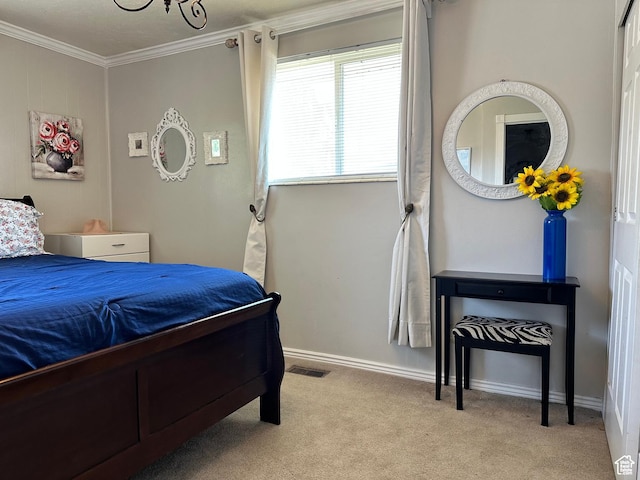 371 S Willard Peak Rd S, Mantua, UT 84324 - carpeted bedroom featuring baseboards, visible vents, and ornamental molding