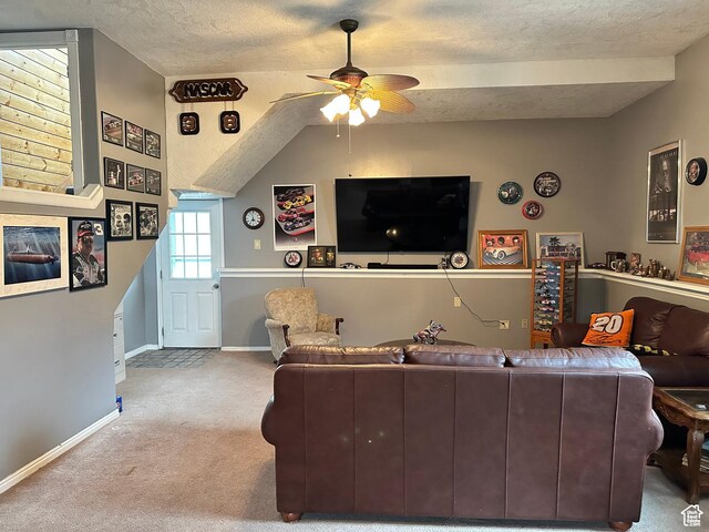 371 S Willard Peak Rd S, Mantua, UT 84324 - living area featuring carpet, a ceiling fan, baseboards, and a textured ceiling