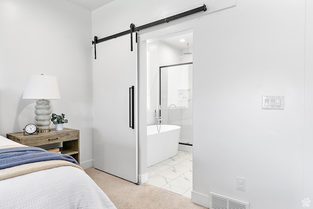 1228 E 1030 N, American Fork, UT 84003 - bedroom featuring a barn door, light carpet, ensuite bath, and light marble finish flooring