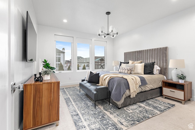 1228 E 1030 N, American Fork, UT 84003 - bedroom featuring baseboards, recessed lighting, light colored carpet, and a notable chandelier
