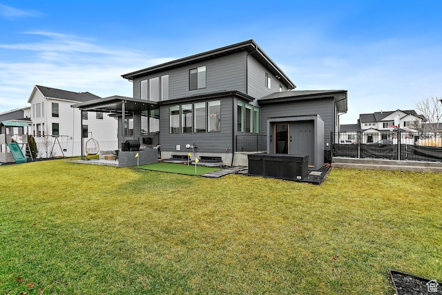 1228 E 1030 N, American Fork, UT 84003 - back of house featuring a playground, a yard, a hot tub, fence, and a residential view