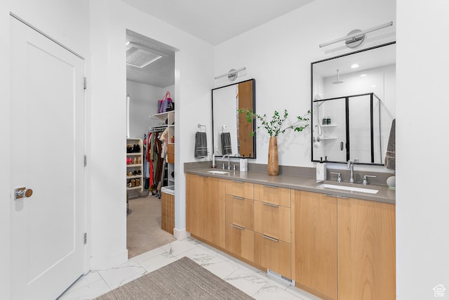 1228 E 1030 N, American Fork, UT 84003 - bathroom with double vanity, marble finish floor, a sink, and a stall shower