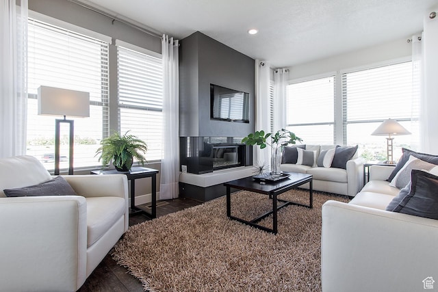 living area with dark wood-type flooring and recessed lighting